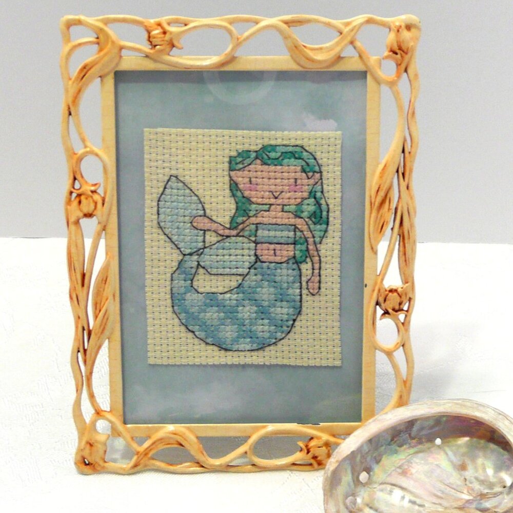 Cross Stitch Blue Green Mermaid Openwork Metal Frame Ocean Theme Decor 5" x 7"